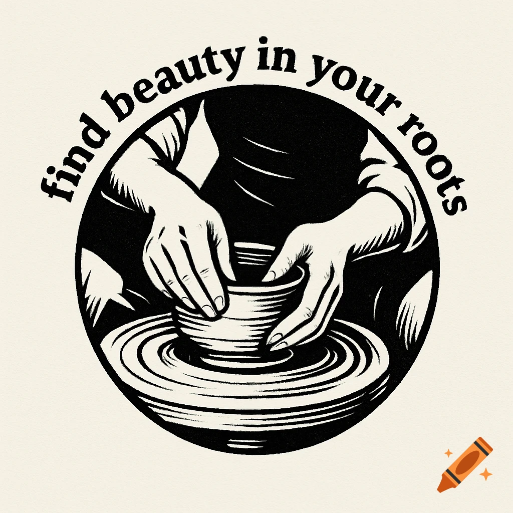 Black and white illustration of hands on a potter's wheel, with the quote find beauty in your roots circling above.