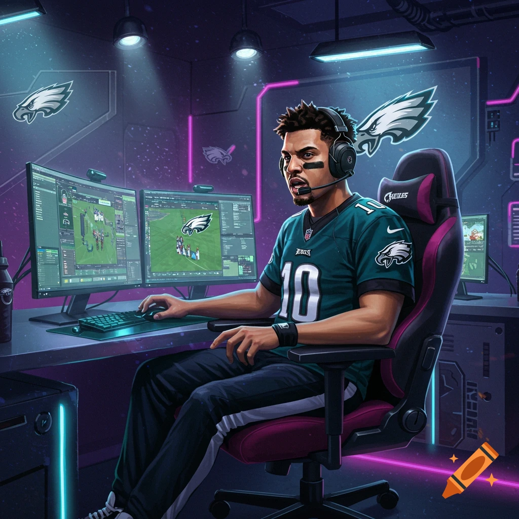 A person wearing a Philadelphia Eagles jersey plays video games at a high-tech multi-monitor setup.
