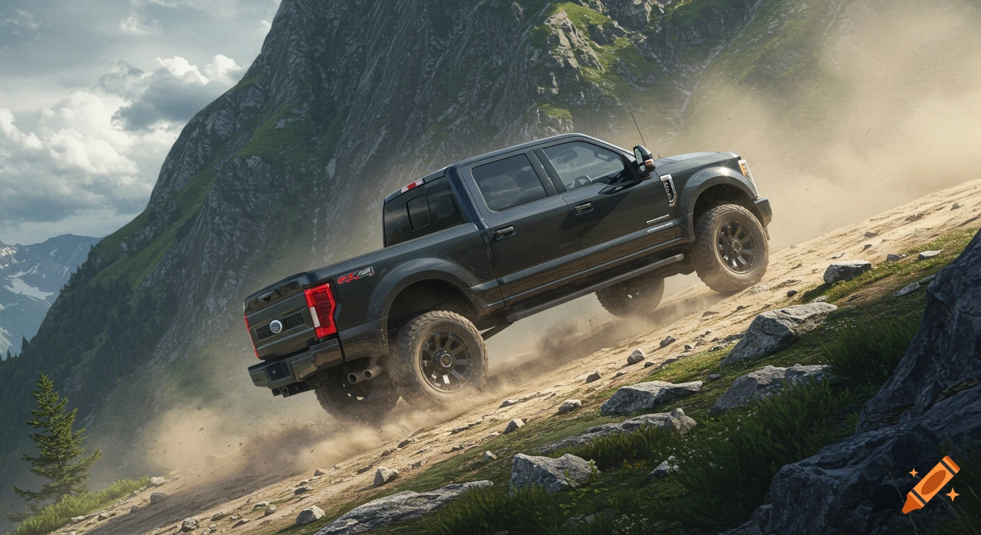 Dark grey Ford Super Duty truck climbs a dusty, rocky mountain slope under cloudy sky.