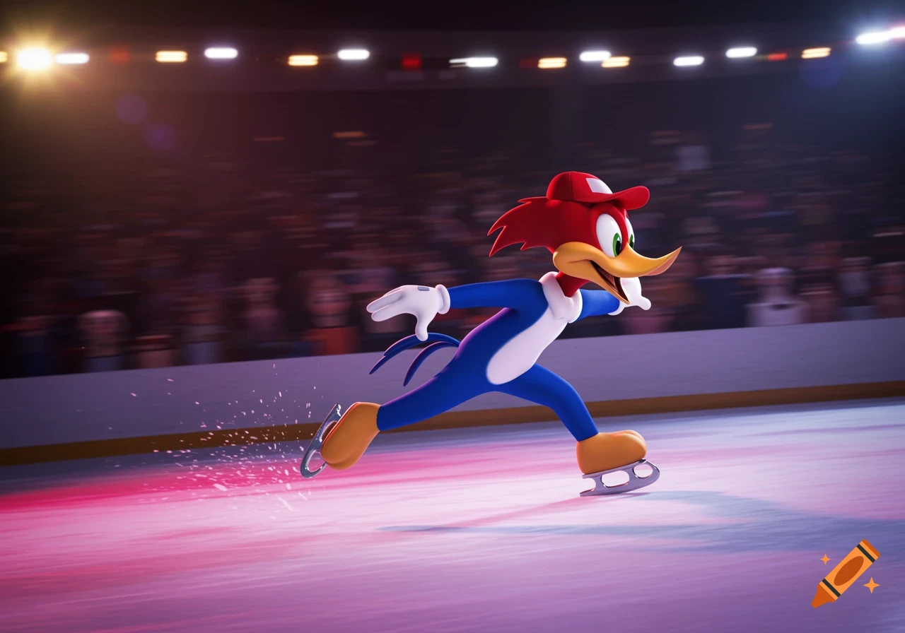 Woody Woodpecker ice skating in an arena, 3D animation style