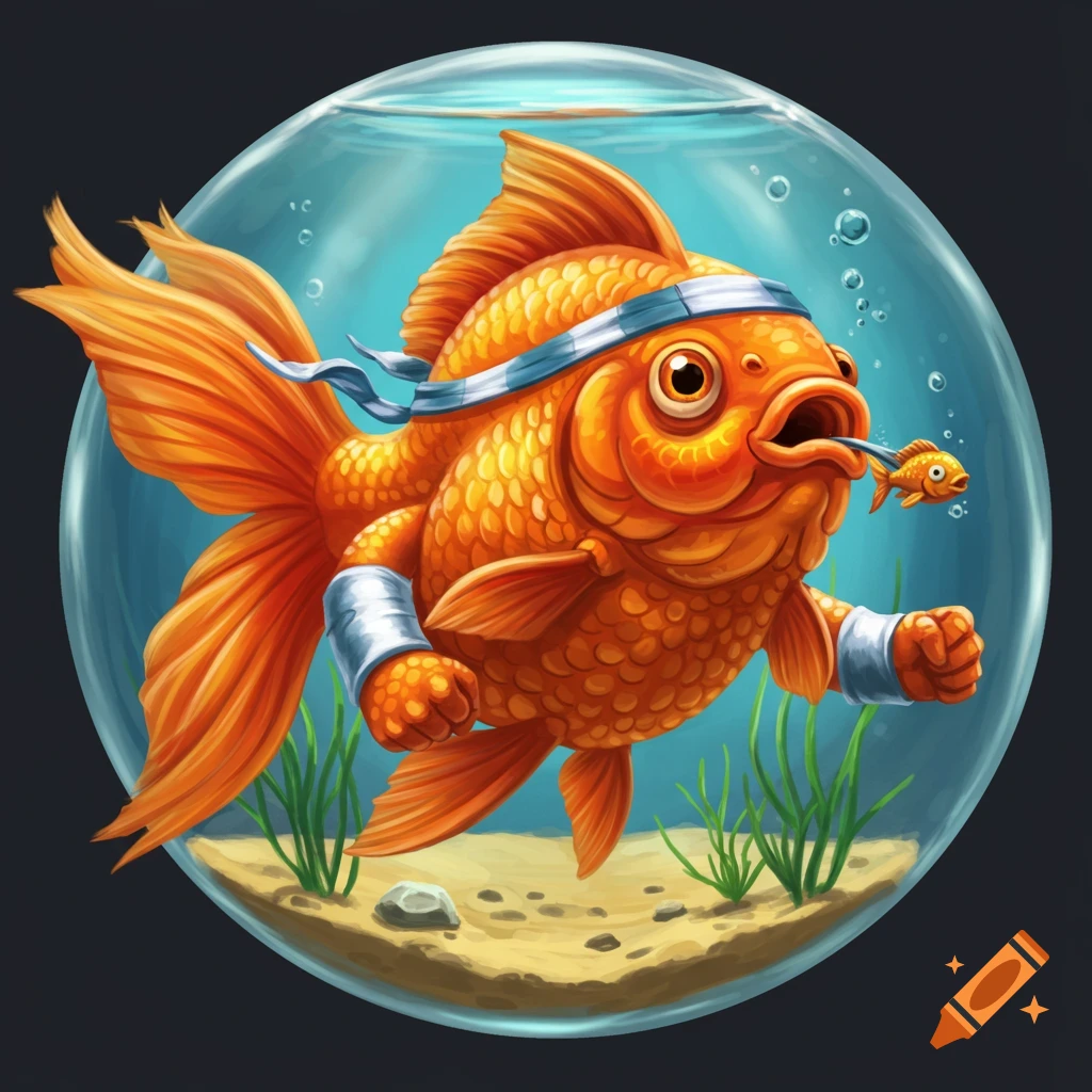 Cartoon goldfish with headband and armbands swimming in a fishbowl with a tiny fish in its mouth