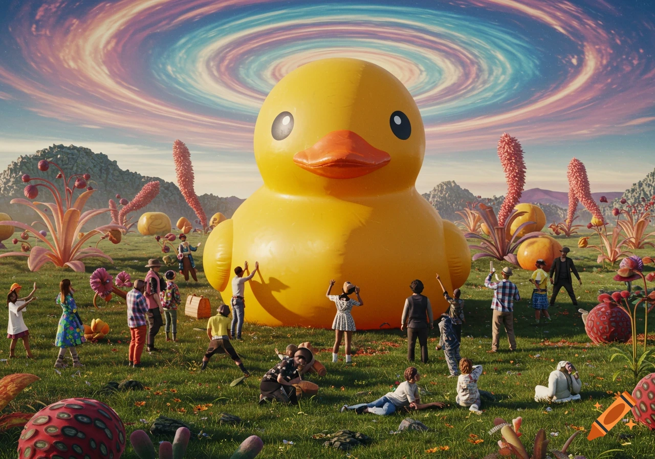 A giant inflatable rubber duck stands in a field among people, strange plants, and a surreal swirling sky.