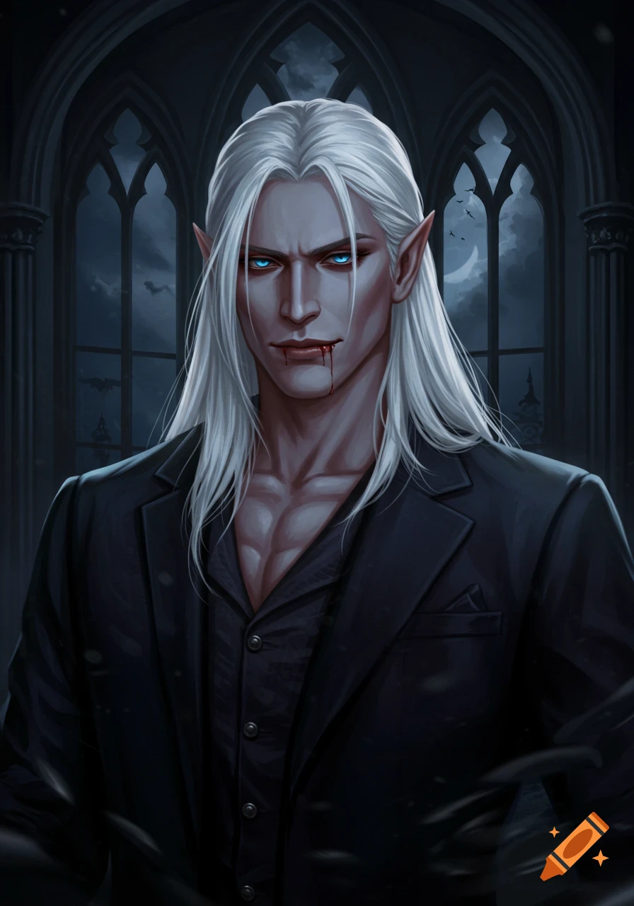 Digital portrait of a white-haired vampire with blue eyes and blood on his mouth, wearing a suit, in a gothic setting.