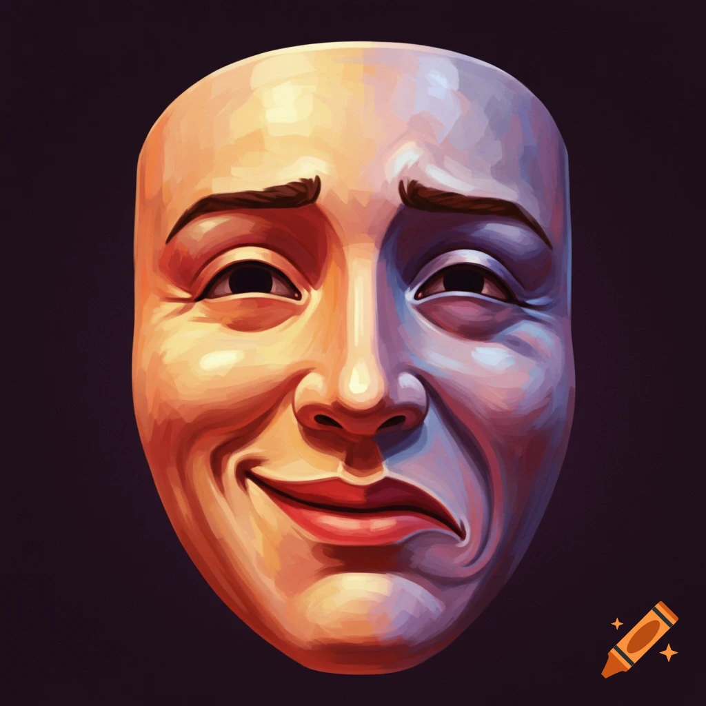 A painterly illustration of a mask split down the middle, one side showing a happy expression, the other a sad one.