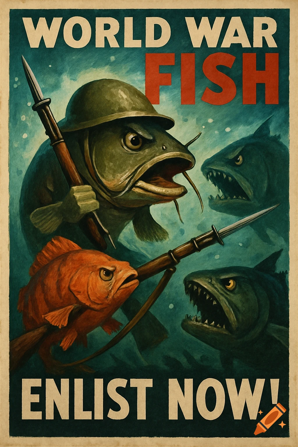 Propaganda poster featuring fish in a World War setting.