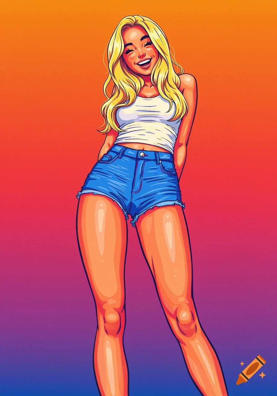 Pop art illustration of a smiling blonde woman in a tank top and denim shorts against an orange and purple gradient background.