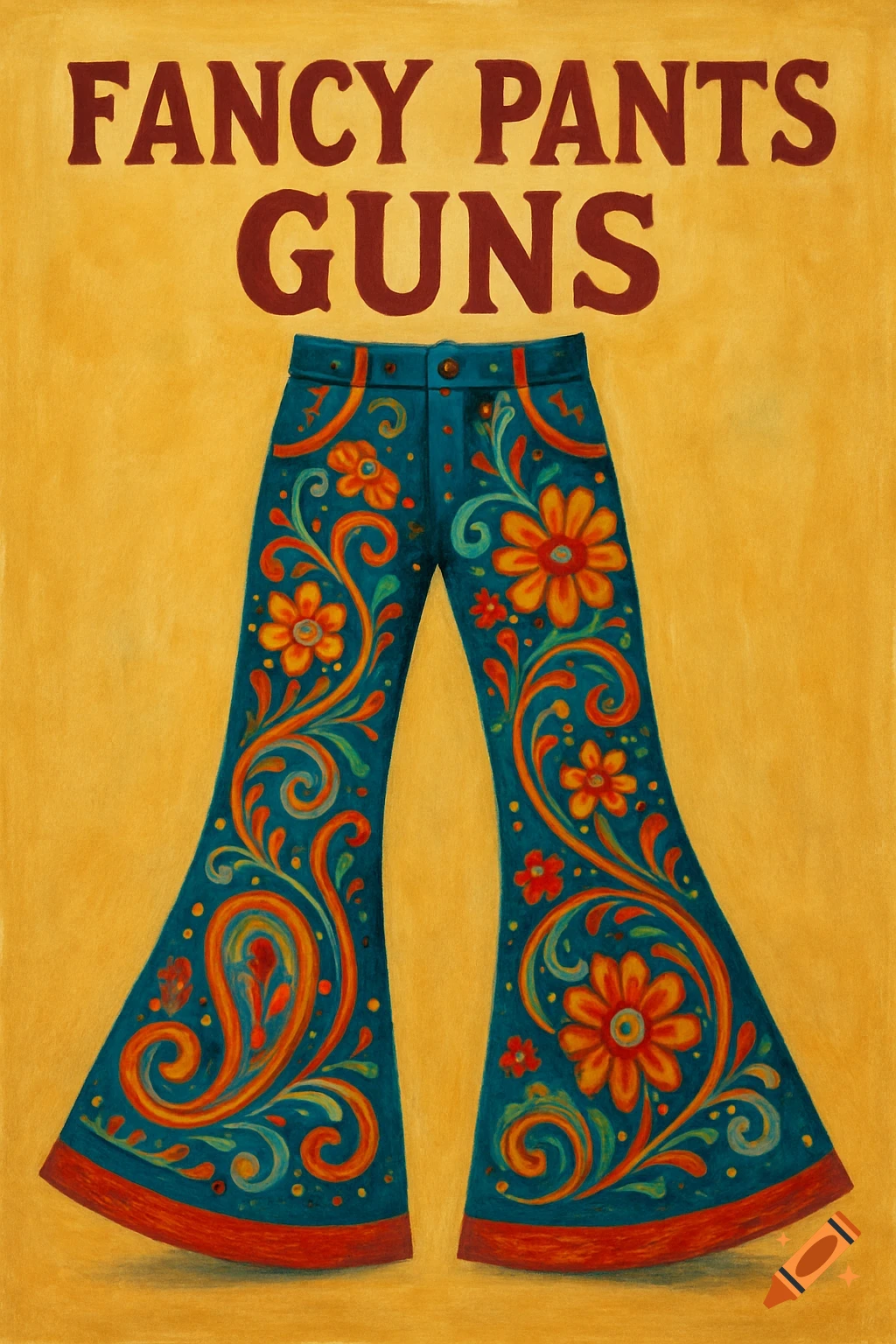 Illustration of colorful hippy bell-bottom pants with floral designs ...