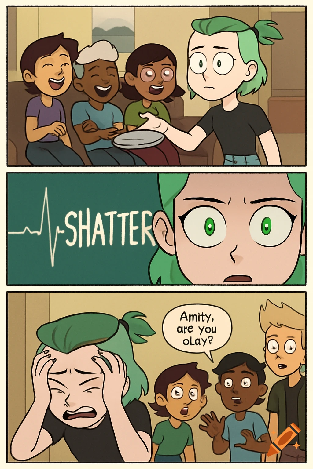 Three-panel comic: 1) Friends laugh, one with a plate. 2) Surprised eyes, SHATTER text. 3) Character holds head, friends ask if they're okay.