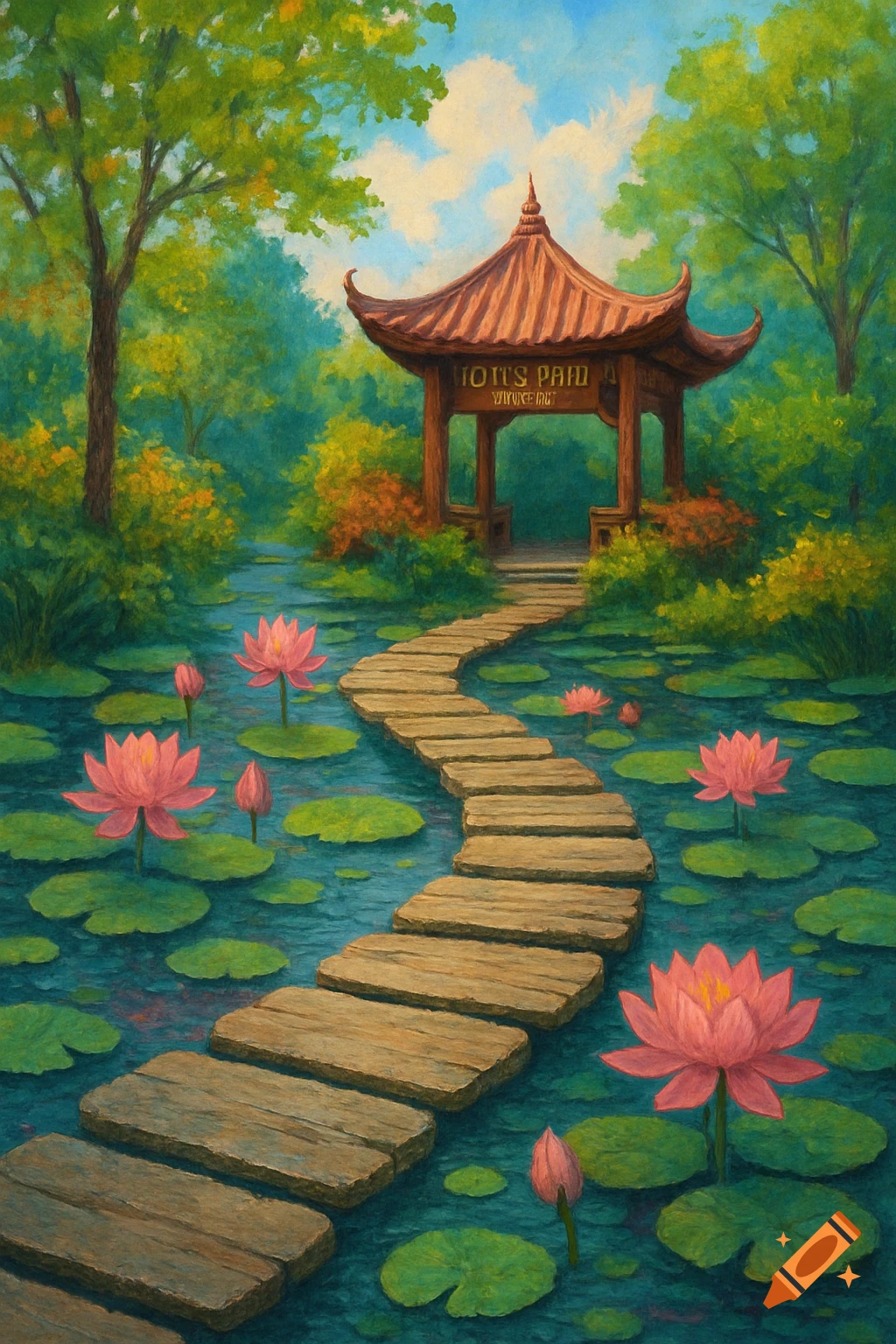 A painterly scene of a stone path winding through a lotus pond towards a wooden pagoda in a lush garden.