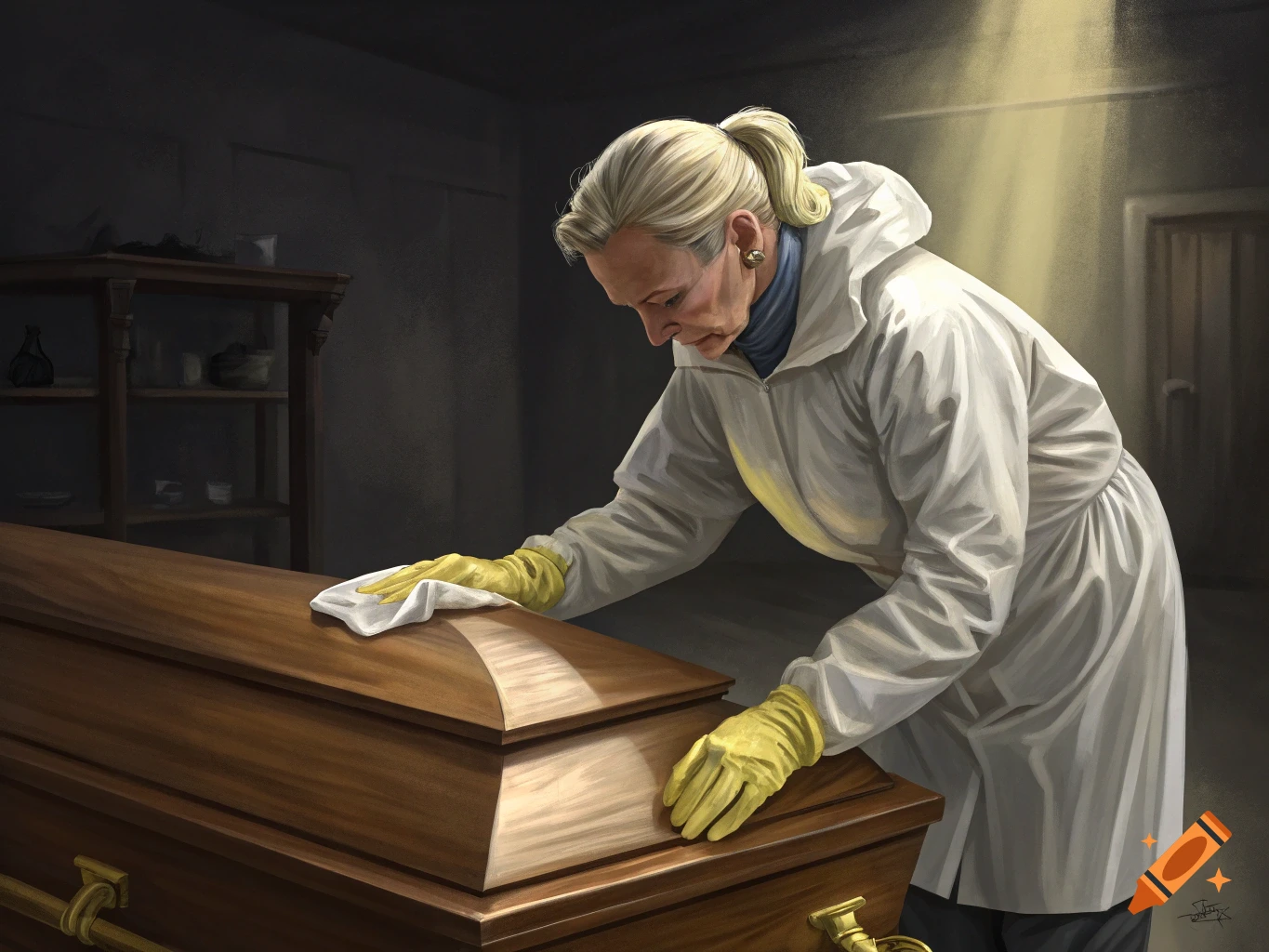 Woman in protective gear cleaning a wooden coffin in a dimly lit interior. Digital painting.