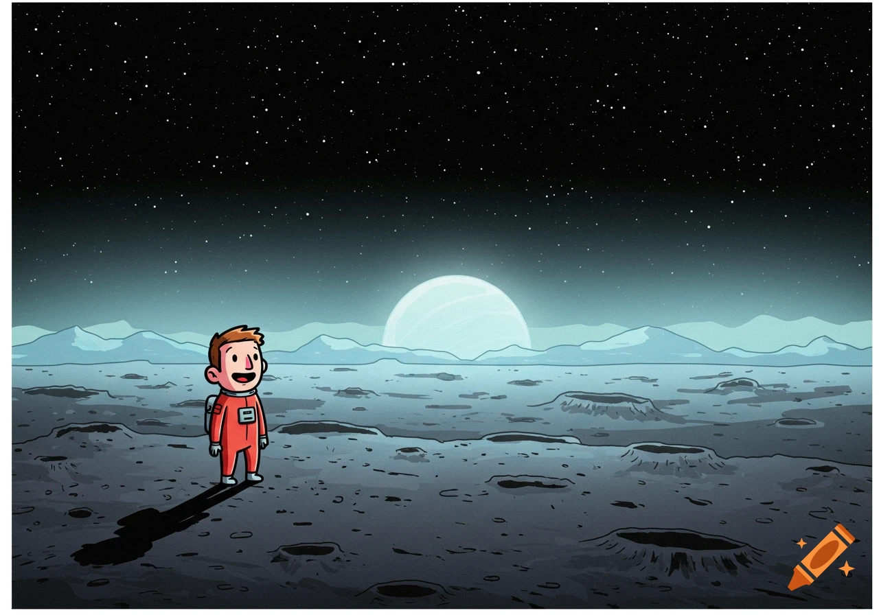 Cartoon boy in a spacesuit on the moon looks at a large planet.