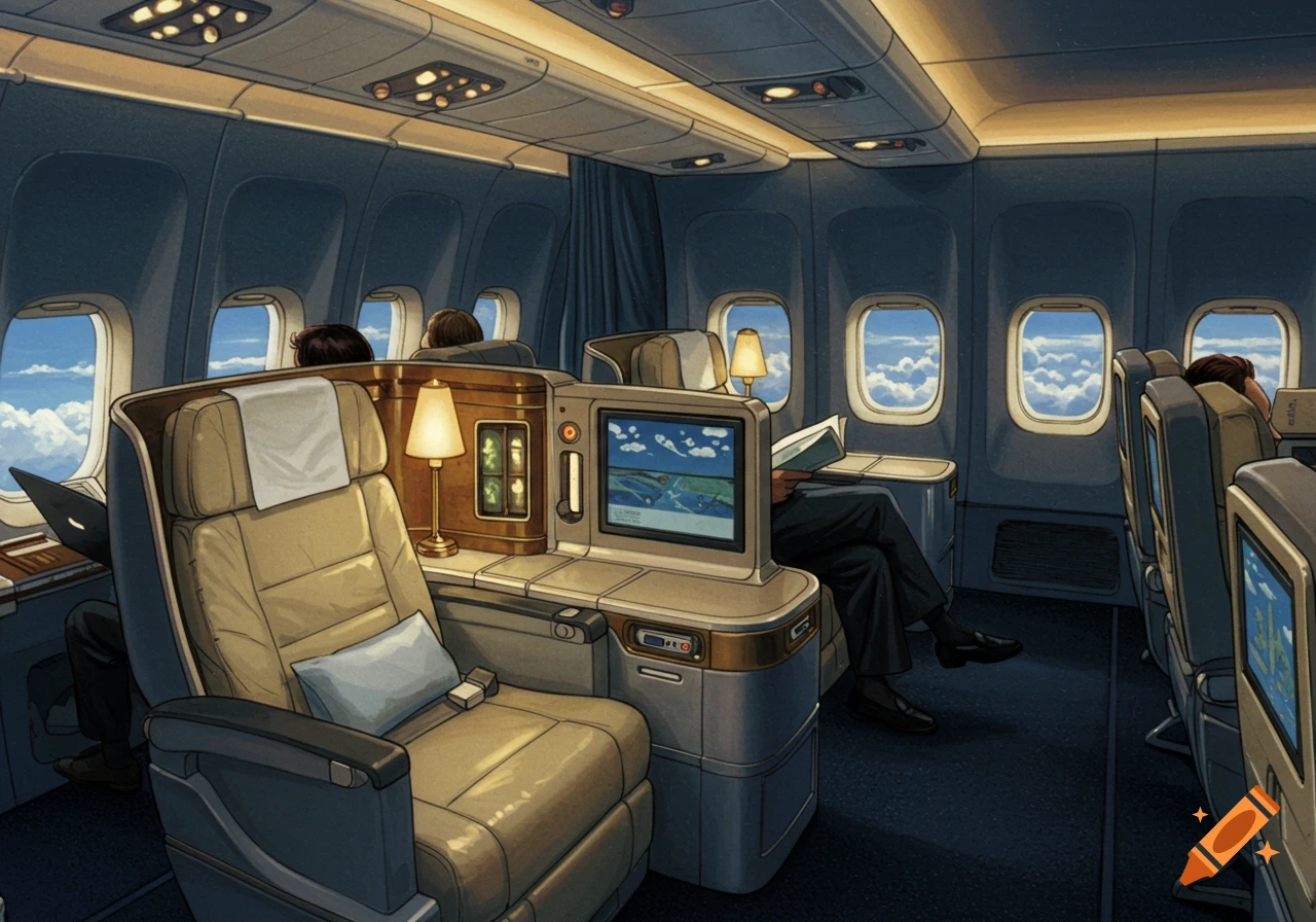 Illustration of an airplane business class cabin with passengers and windows showing clouds.
