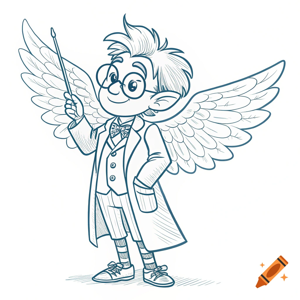 Line drawing of a cartoon boy with glasses, wings, suit, and wand.
