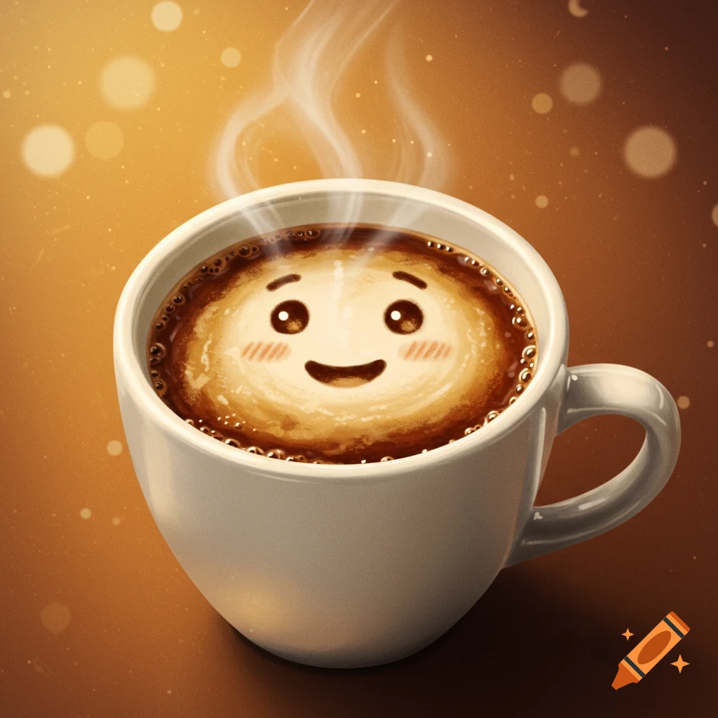 A smiling face made of foam on top of a cup of coffee with steam.