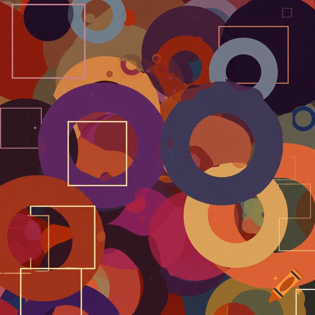 Abstract image with overlapping circles and squares in various colors.
