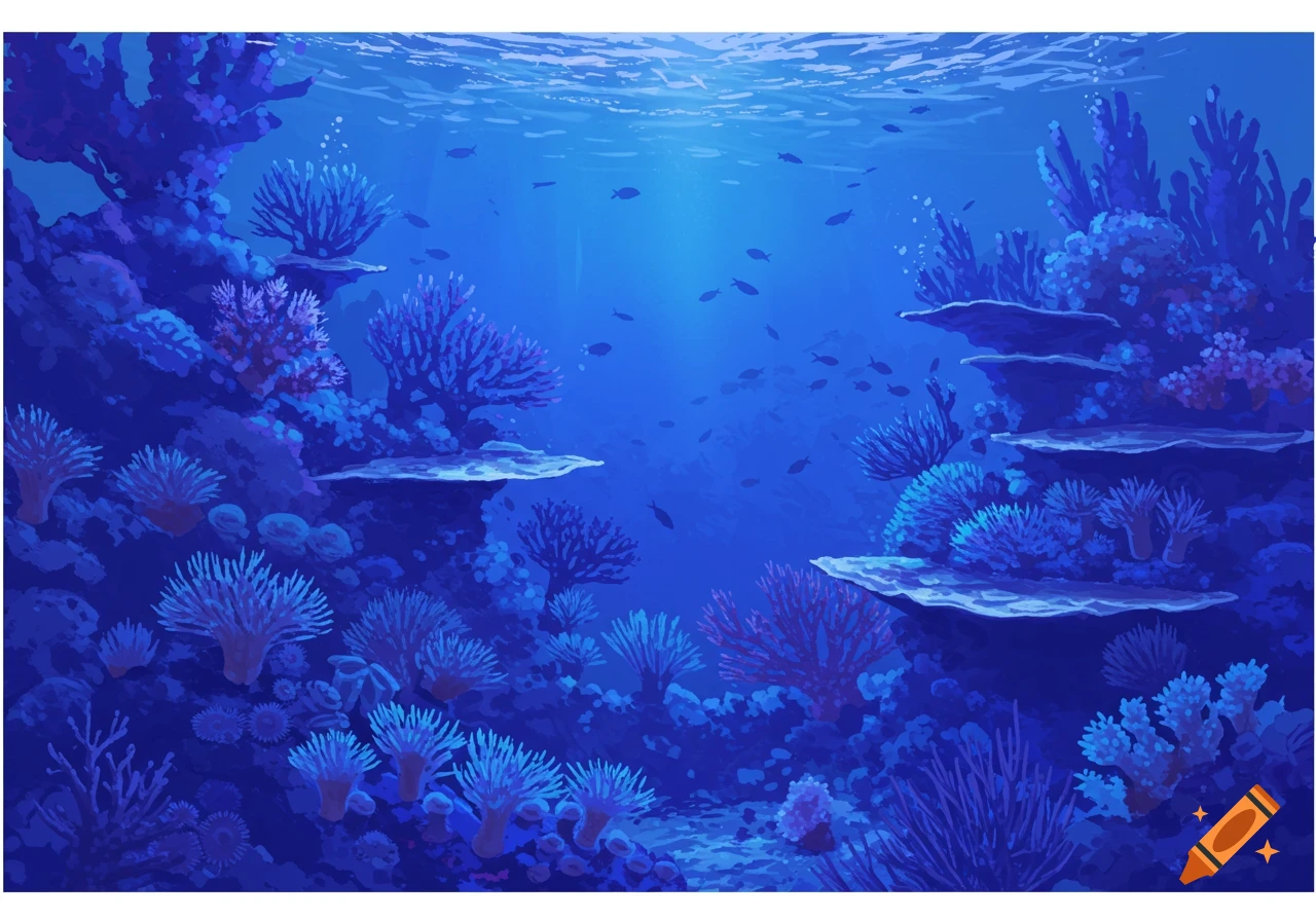 Painted underwater scene of a coral reef with fish in blue and violet colors.