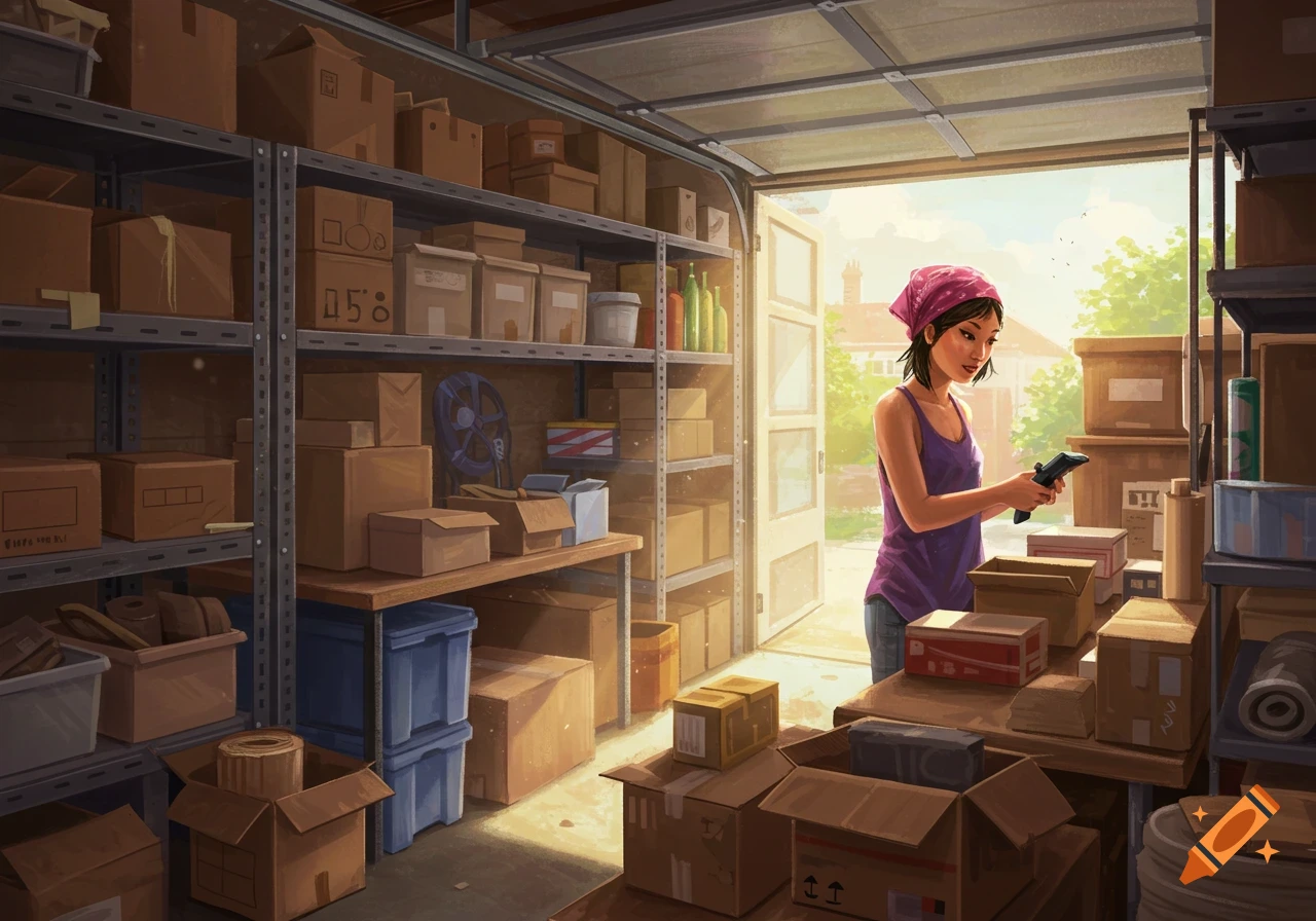A woman in a garage scans boxes on shelves. Painterly style.