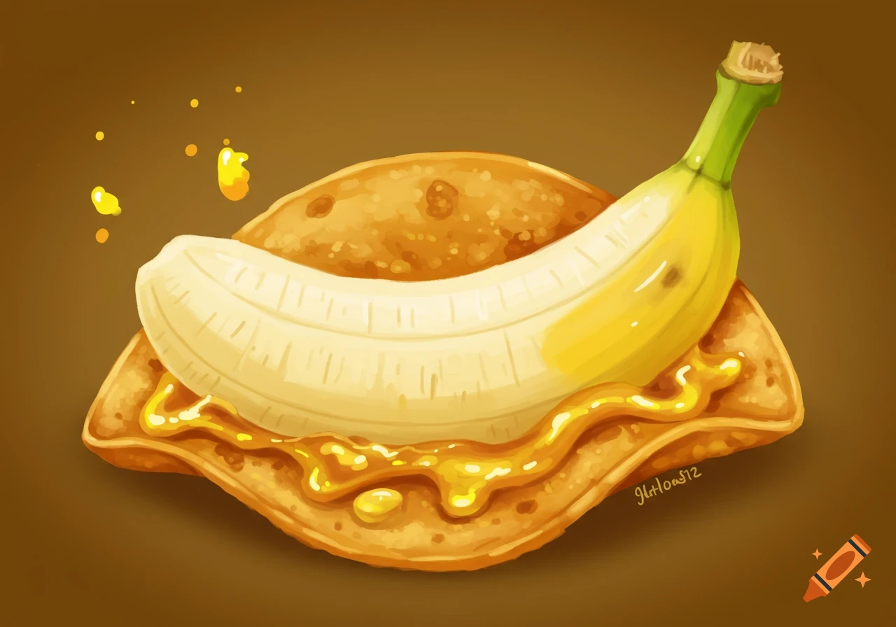 Illustration of a peeled banana on a flat pastry with dripping syrup.