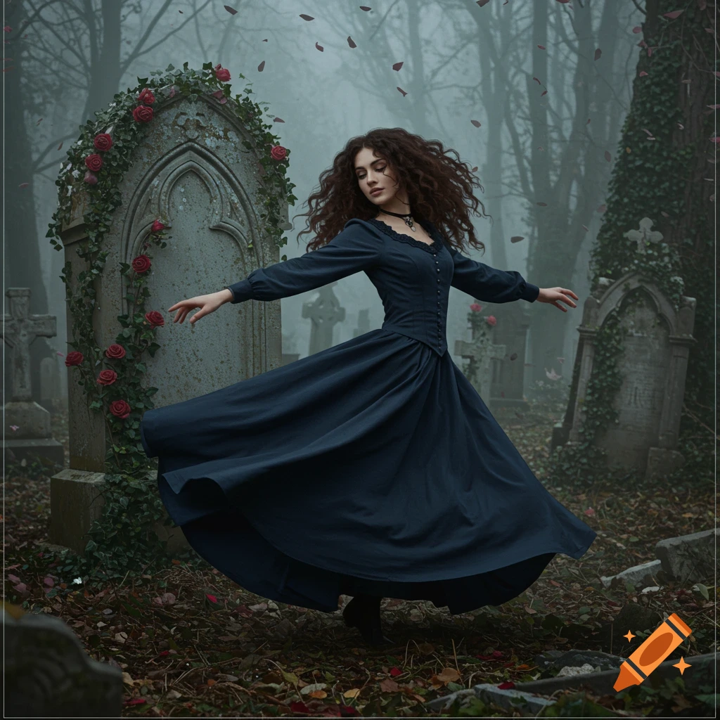 A woman with long hair in a dark dress dances among gravestones in a foggy cemetery with falling rose petals.