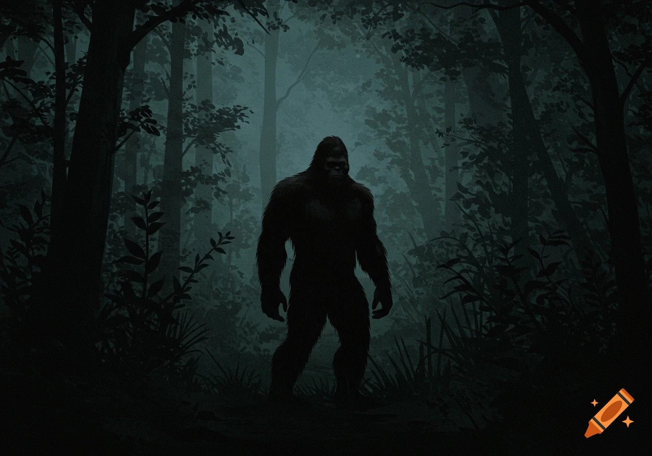 Silhouette of Bigfoot standing in a dark, misty forest.