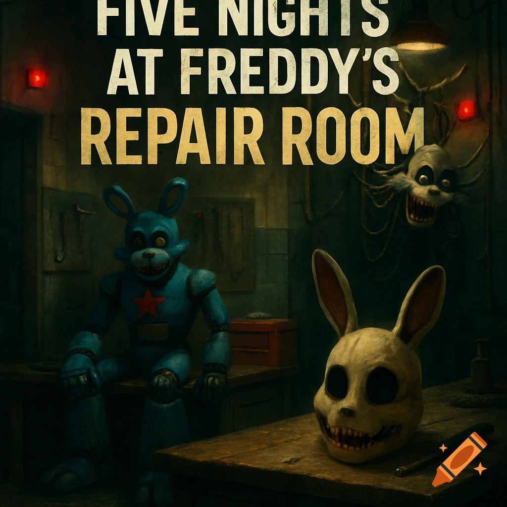 Creepy animatronic rabbits in a dark repair room with text "FIVE NIGHTS AT FREDDY'S REPAIR ROOM".