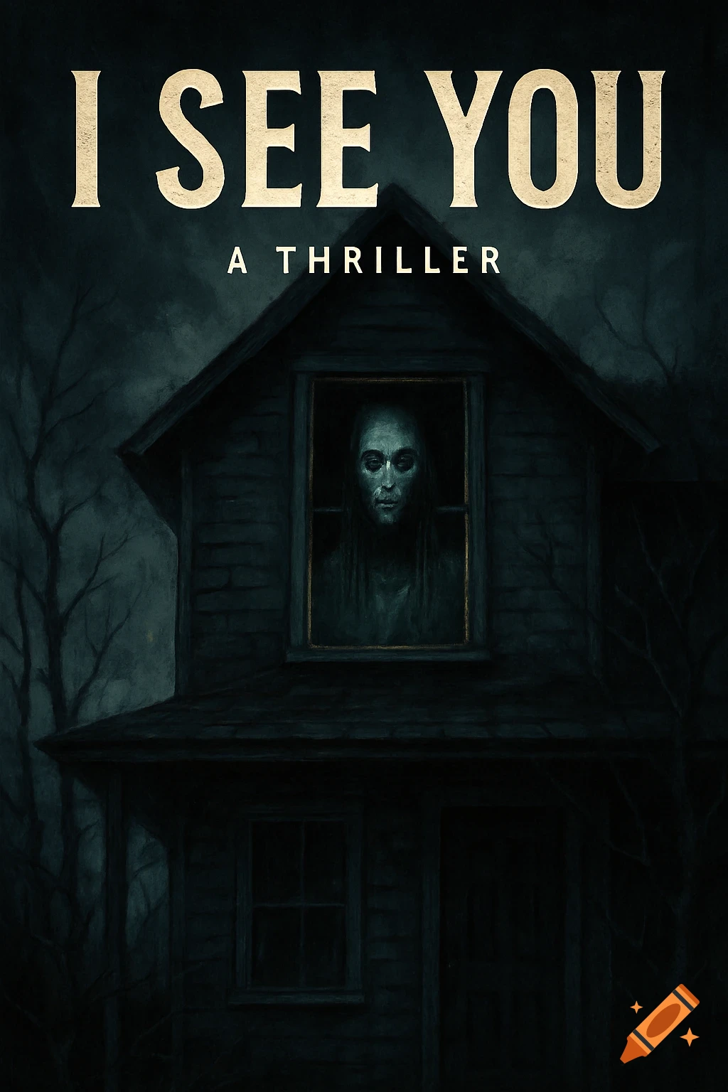 Dark, painterly image of a house at night with a face looking from an upstairs window. Text reads "I SEE YOU" and "A THRILLER".