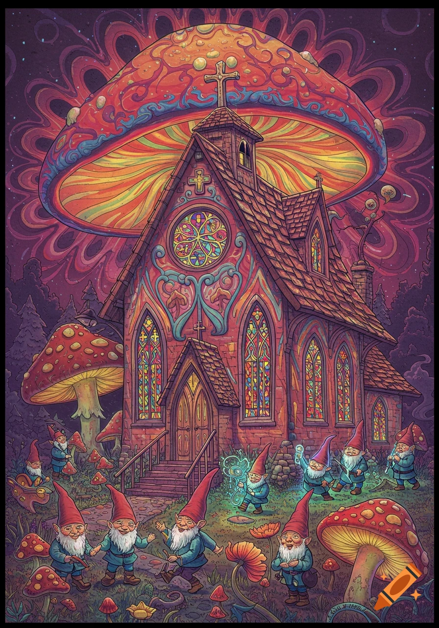 Psychedelic illustration of gnomes, mushrooms, and a church in a vibrant forest setting.