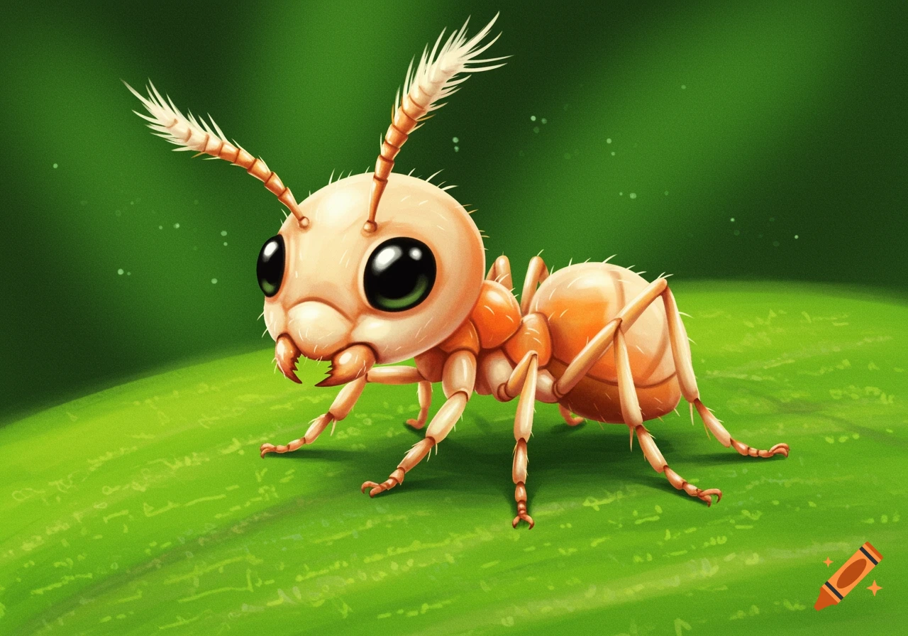 A cartoon baby ant on a green leaf.