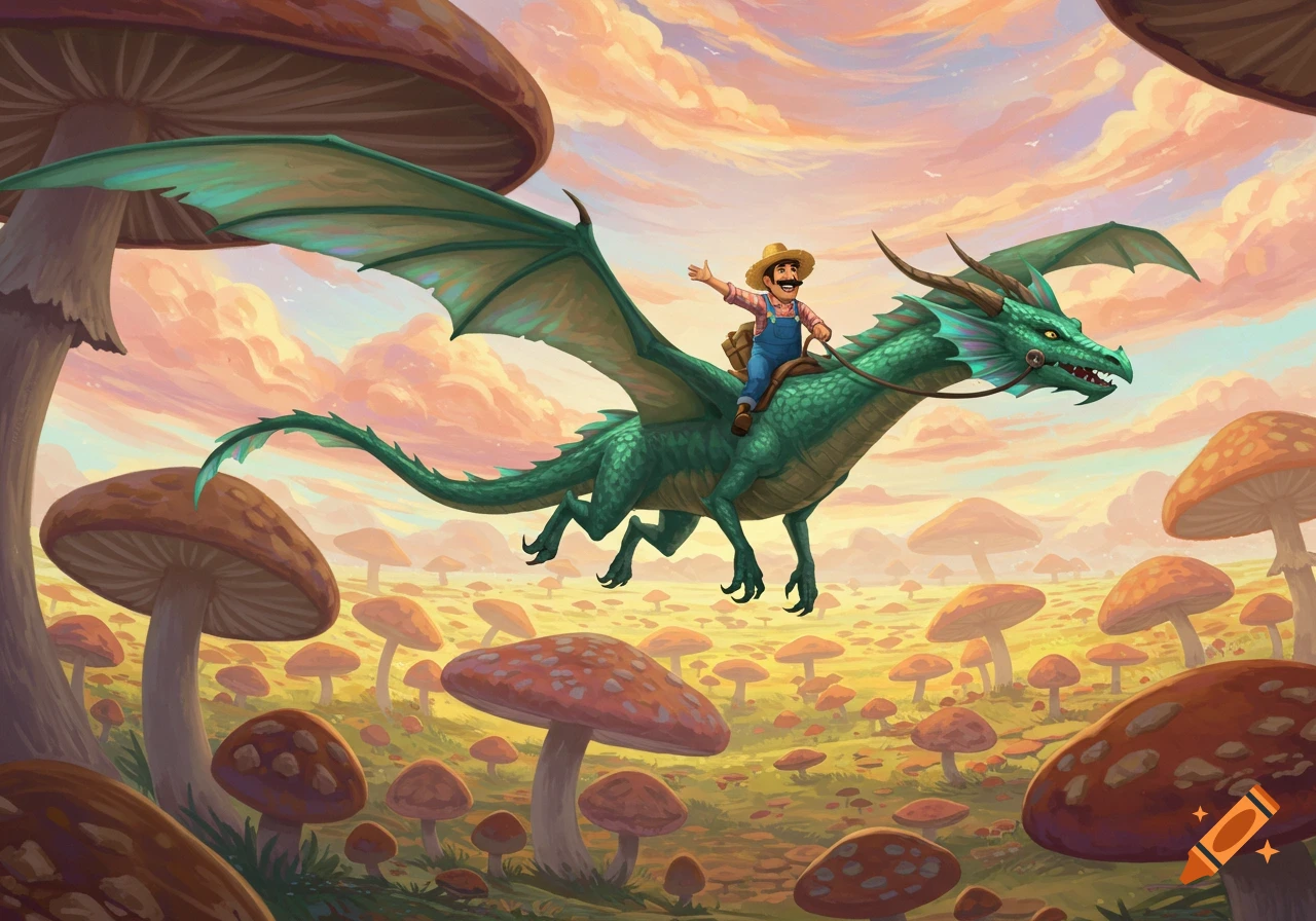 A farmer rides a green dragon over a field of giant mushrooms under a colorful sky.