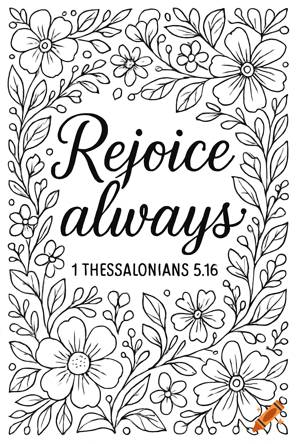 Black and white coloring page with scripture quote 'Rejoice always, 1 Thessalonians 5:16' surrounded by floral border.