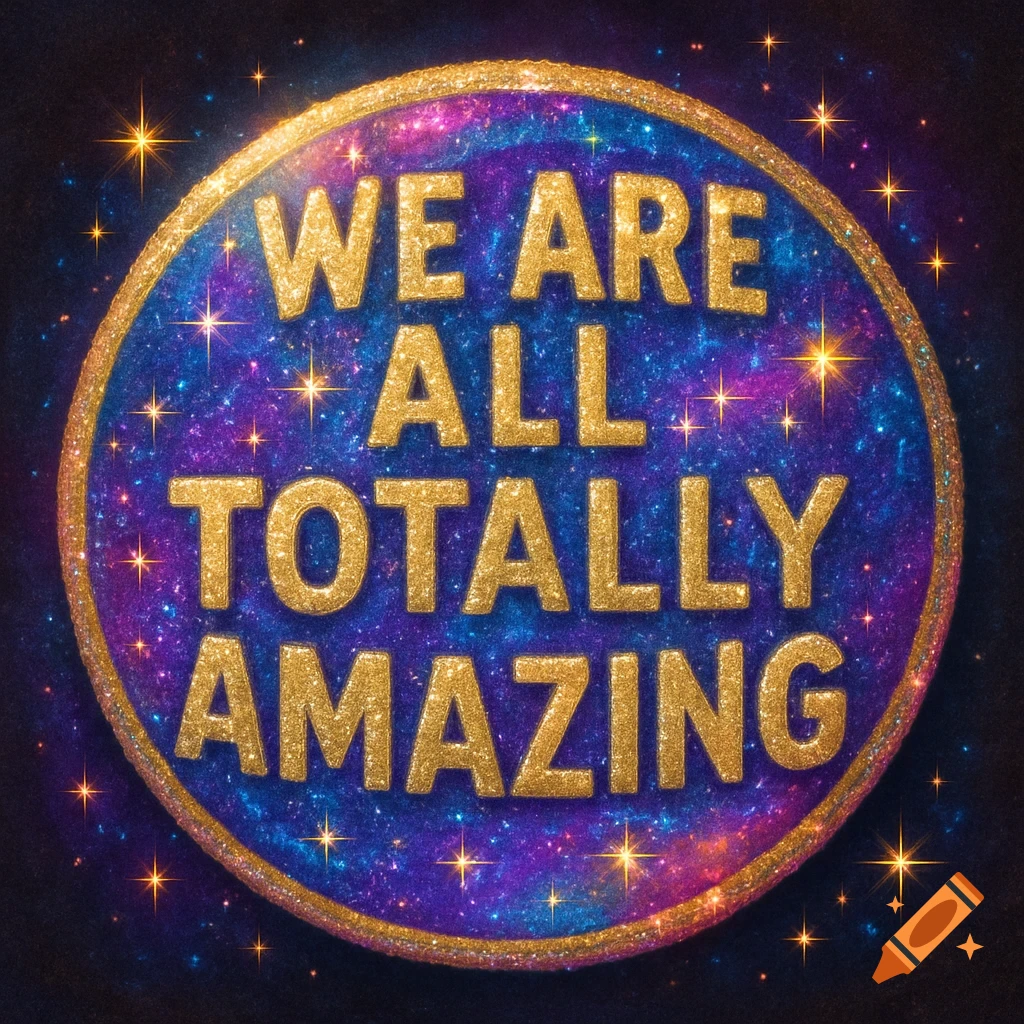 Sparkly glitter badge with text 'WE ARE ALL TOTALLY AMAZING' on a starry cosmic background.