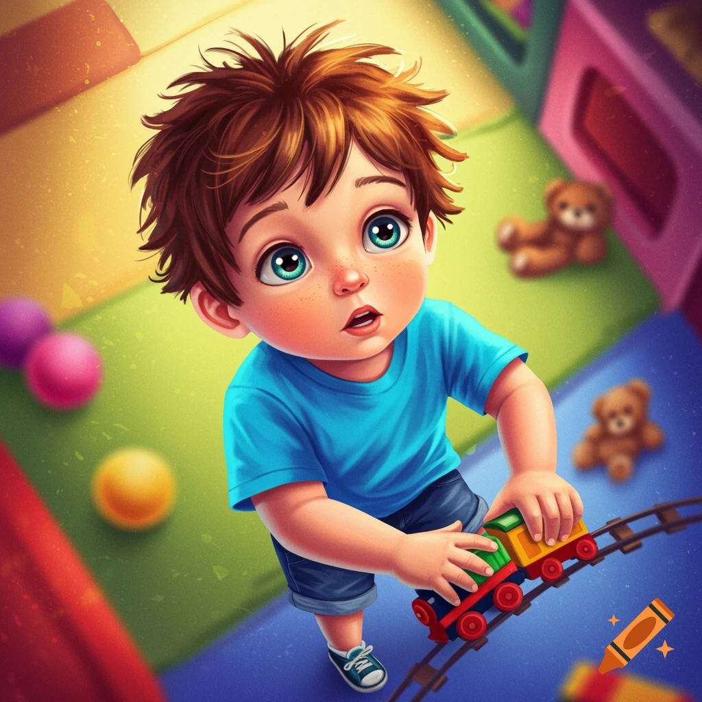 An illustration of a cute young boy playing with a toy train.