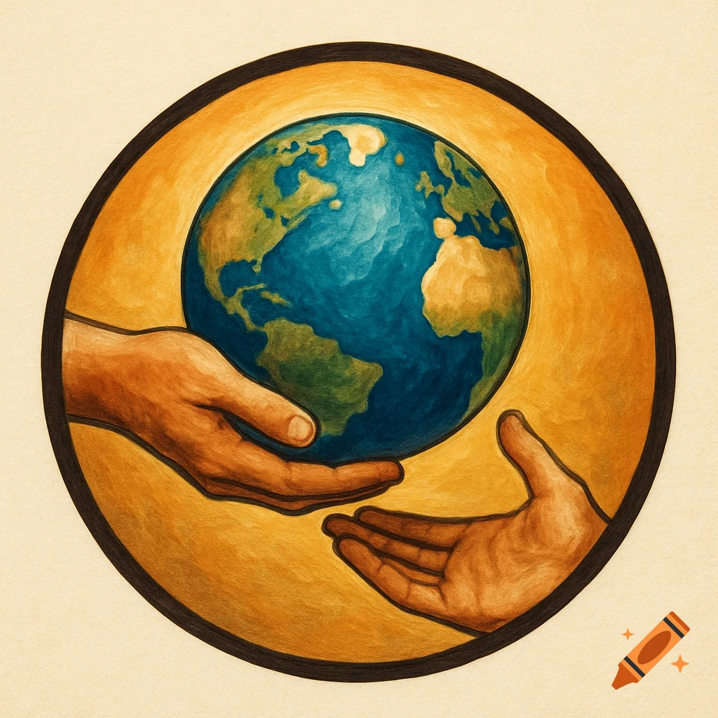 Two hands holding the Earth, another hand below, circle illustration