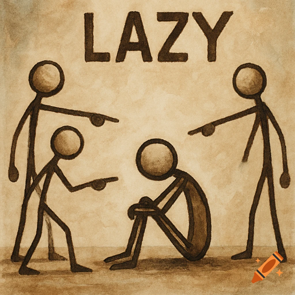Stick figures pointing at a seated stick figure under the word "LAZY".