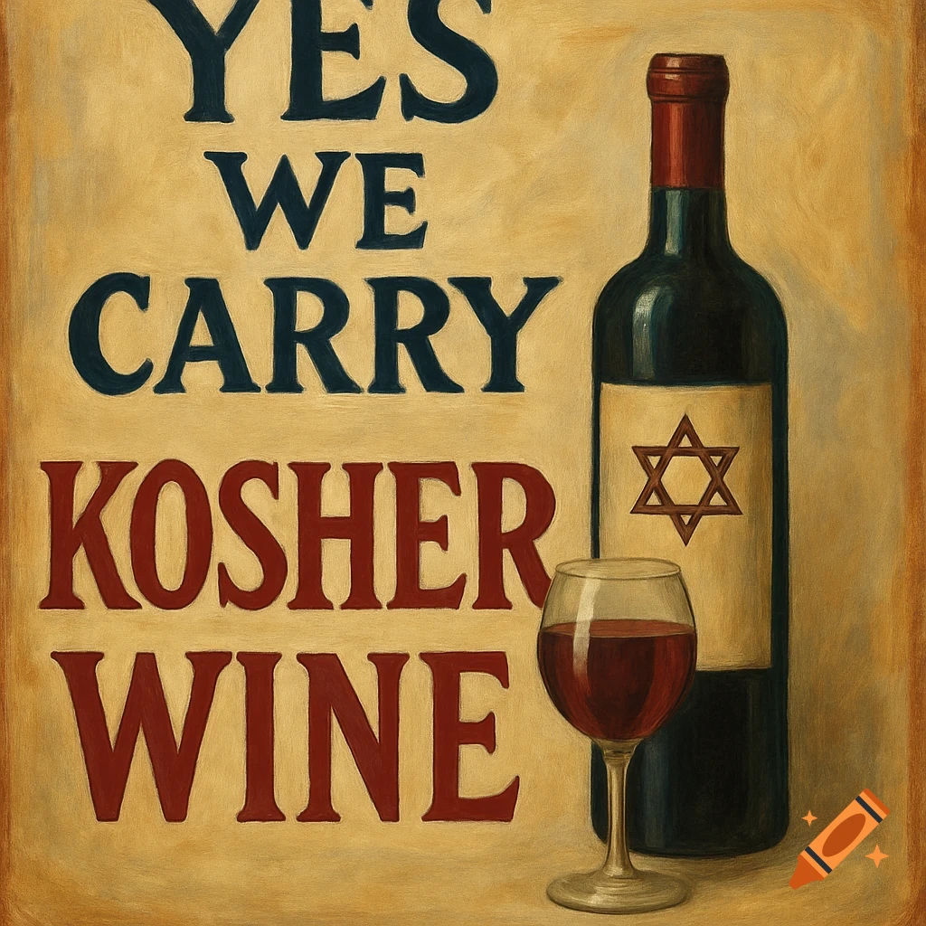 Vintage style painting of a bottle and glass of kosher wine with text 'YES WE CARRY KOSHER WINE'