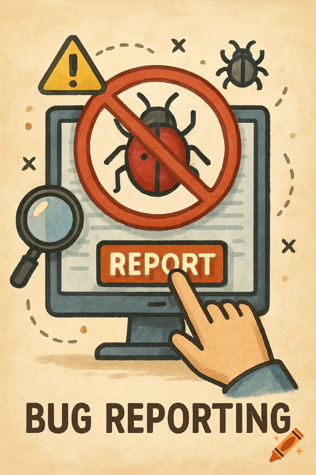Cartoon illustration of a computer screen with a bug inside a red prohibition sign, a magnifying glass, and a hand clicking a 'REPORT' button. Text at the bottom says 'BUG REPORTING'.