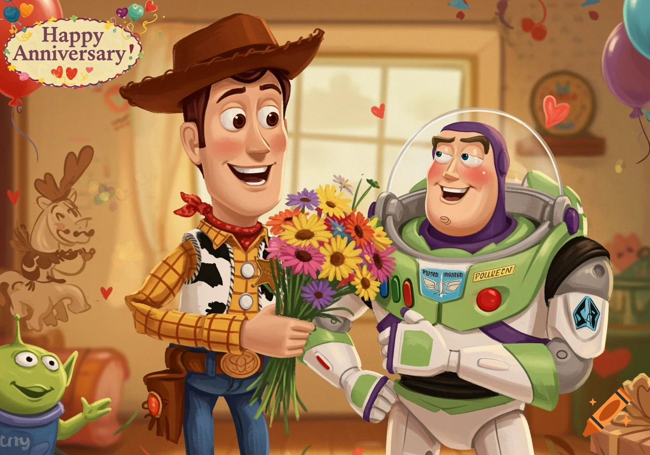Woody the cowboy giving Buzz Lightyear a bouquet of flowers, celebrating their anniversary in a cartoon illustration.