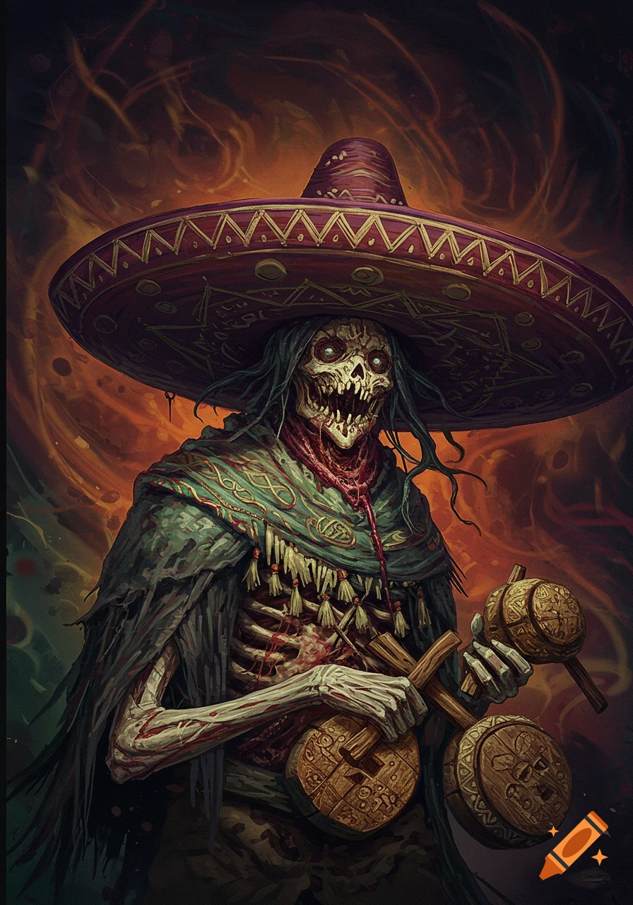 A scary skeleton in a sombrero plays maracas in a dark fantasy art style.