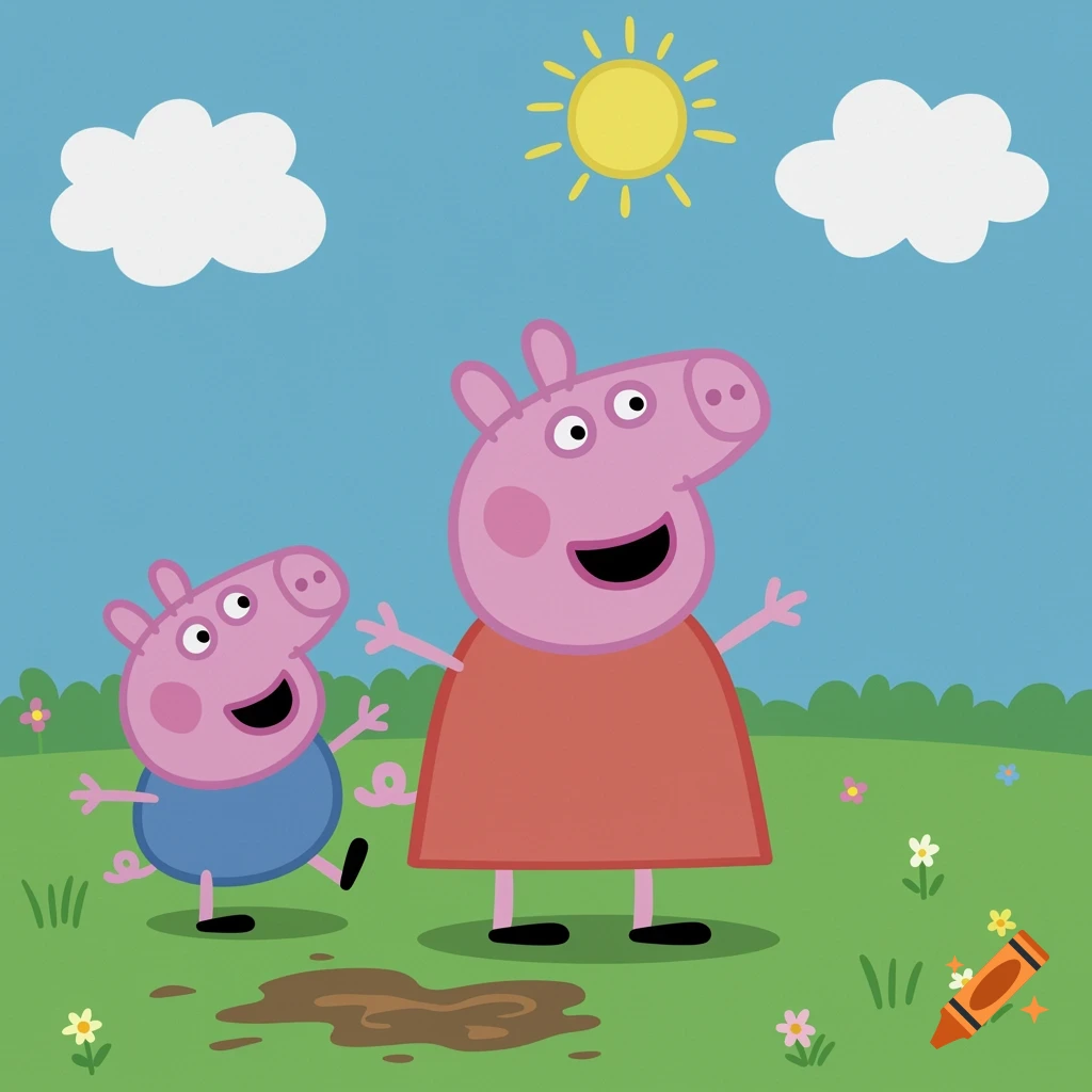 Peppa Pig and George jumping in a muddy puddle in a field under a sunny sky.