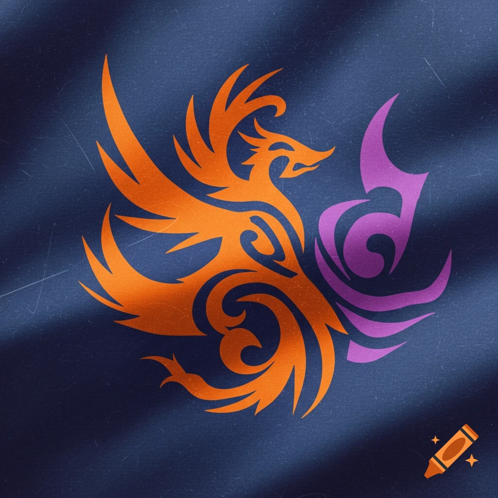 An orange and purple stylized symbol on a dark blue textured background.
