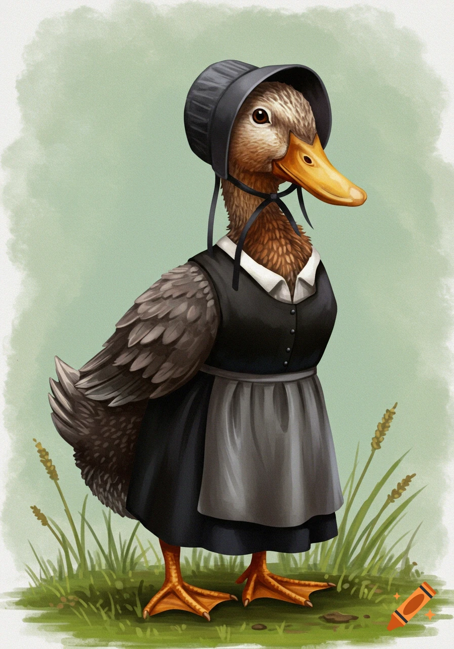 An illustrated duck wearing Amish clothing stands in grass.