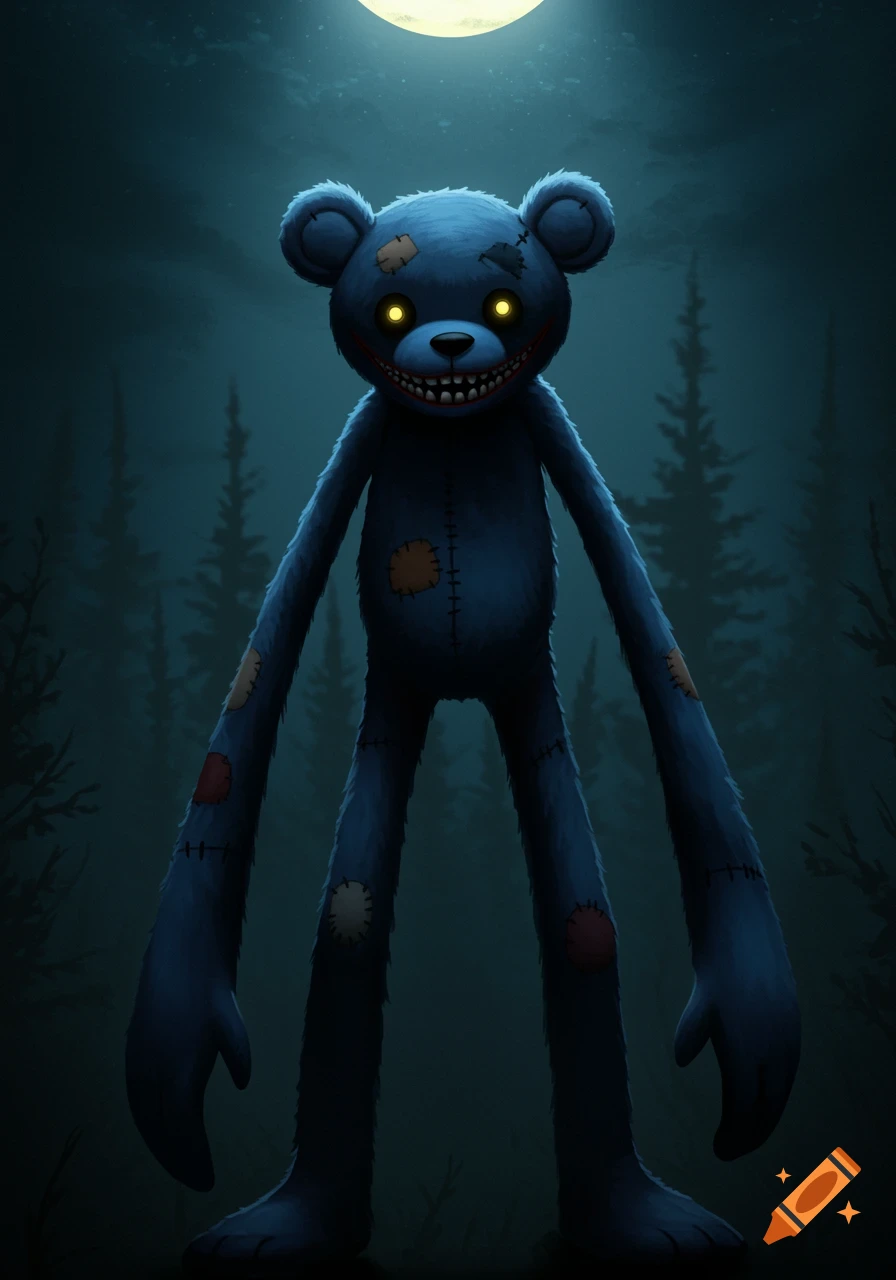 Creepy blue teddy bear with glowing eyes and sharp teeth stands in a dark forest.