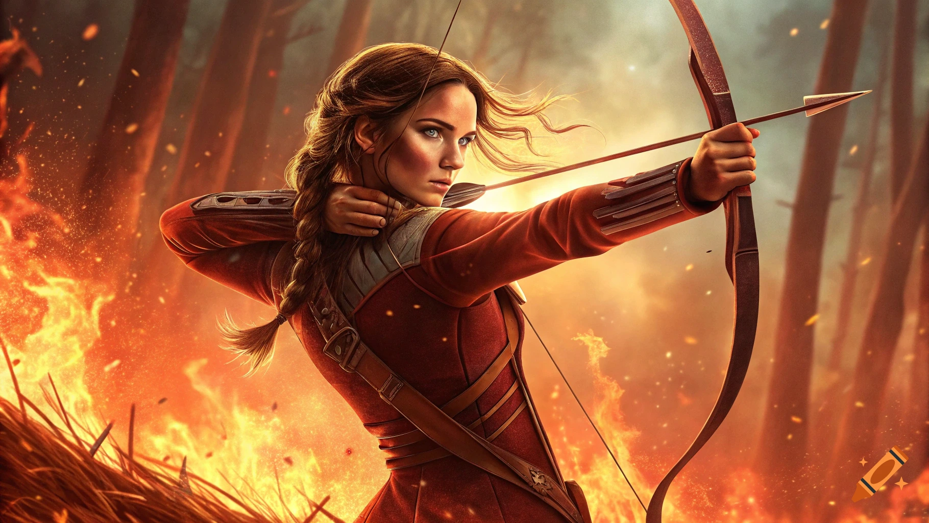 Female archer drawing bow in a fiery forest, cinematic style.