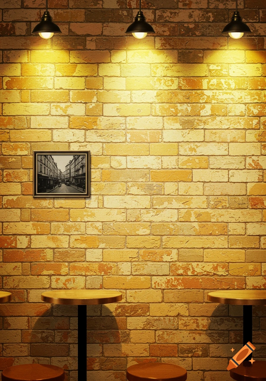 A brick wall lit by overhead lights with a framed street scene picture and cafe tables and stools below.
