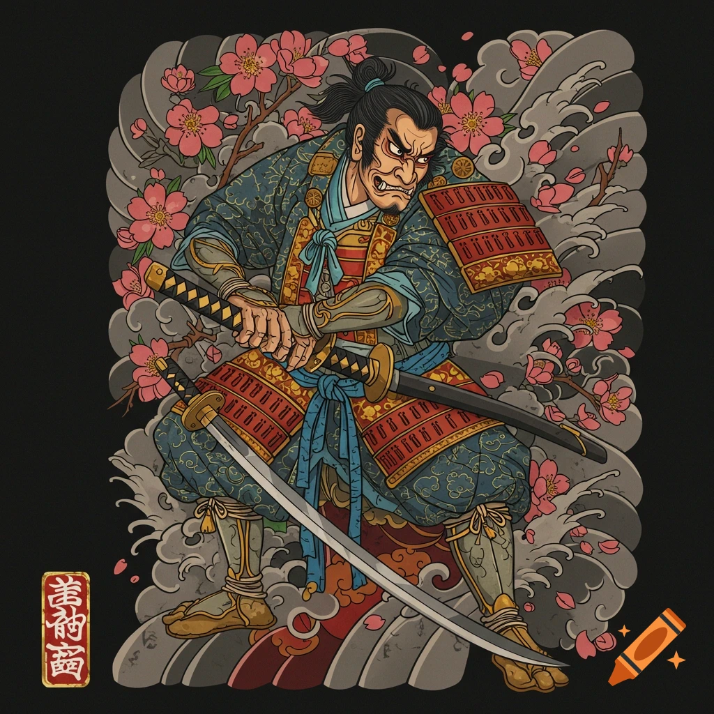 A stylized illustration of a samurai drawing his sword, surrounded by cherry blossoms and waves in a traditional Japanese tattoo style.