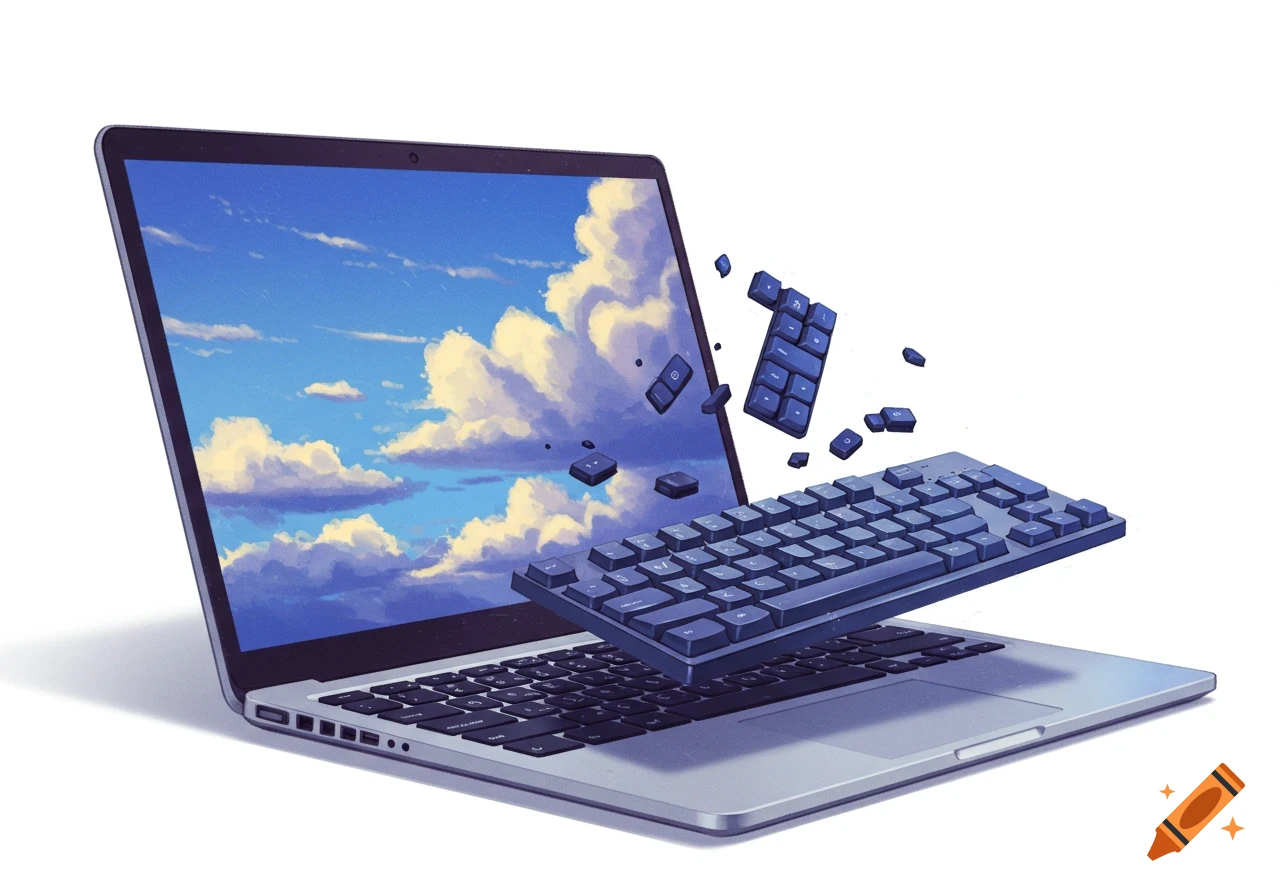 Illustration of a laptop with a keyboard detaching and floating, showing a cloudy sky on the screen.