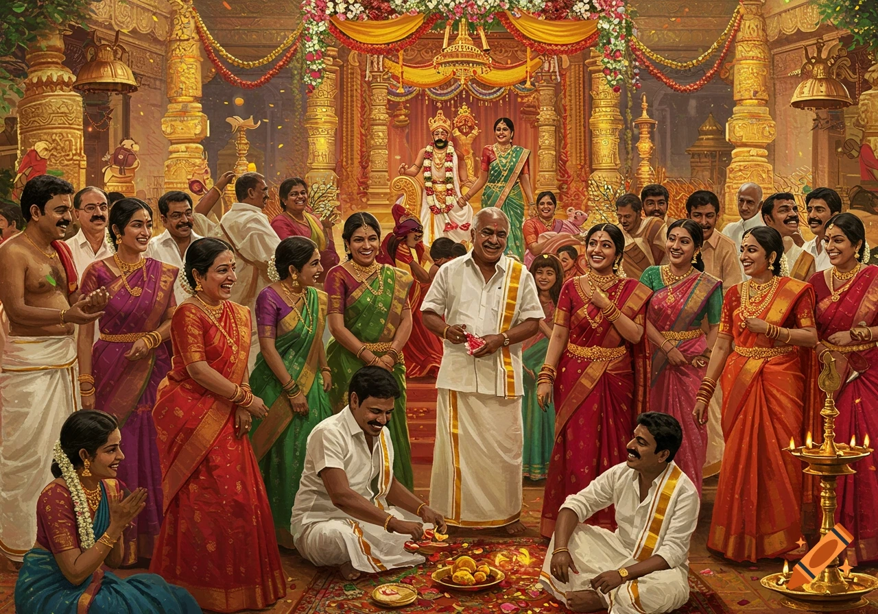 Painting of a traditional Tamil wedding with many guests gathered around the central ceremony.