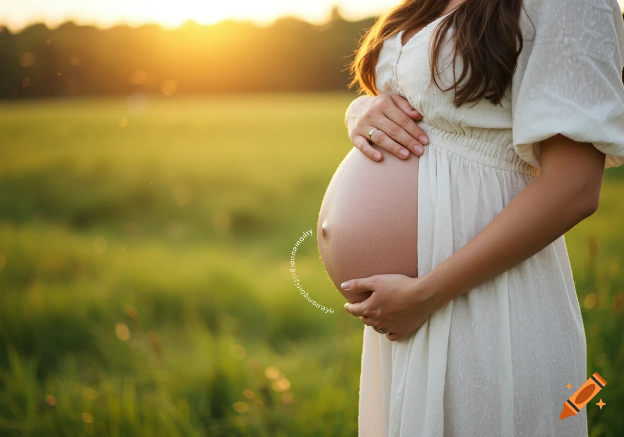 A pregnant woman holds her belly while standing in a sunny field during sunset.