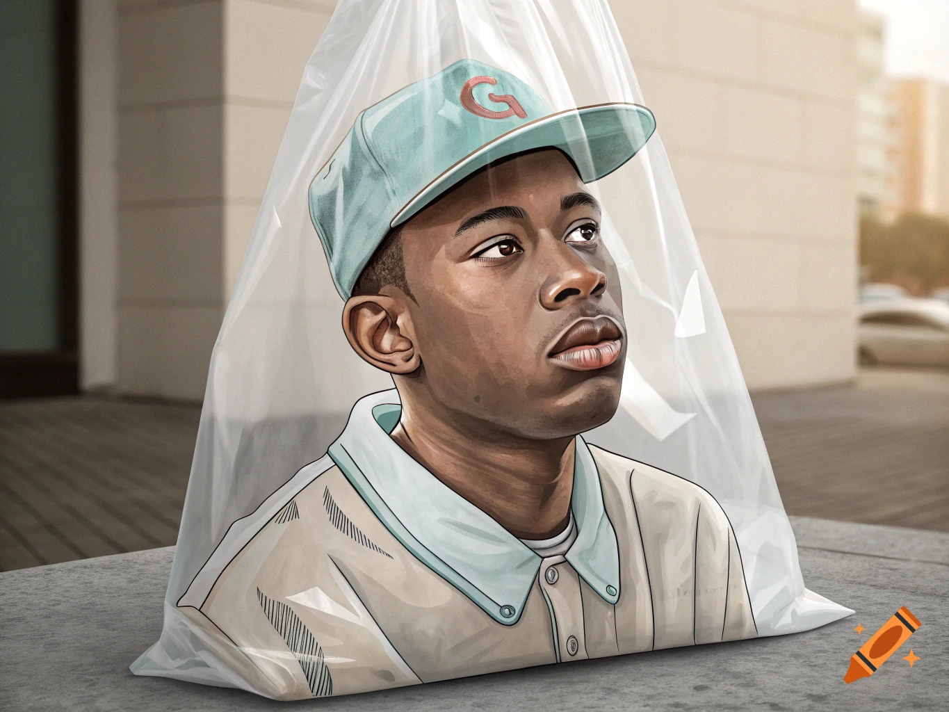 Stylized portrait of Tyler the Creator in a plastic bag