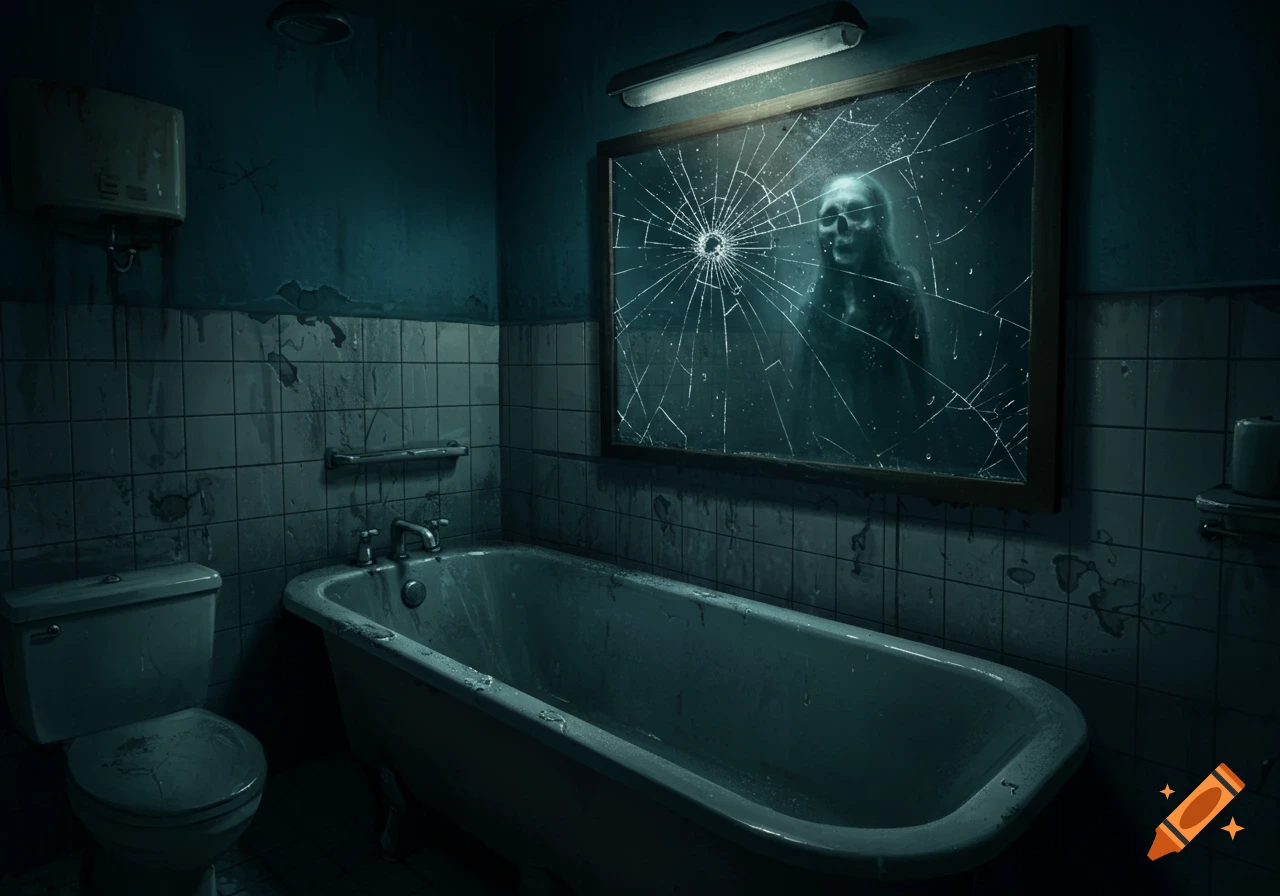 Haunted bathroom with a spectral figure visible in a cracked mirror, photorealistic horror.